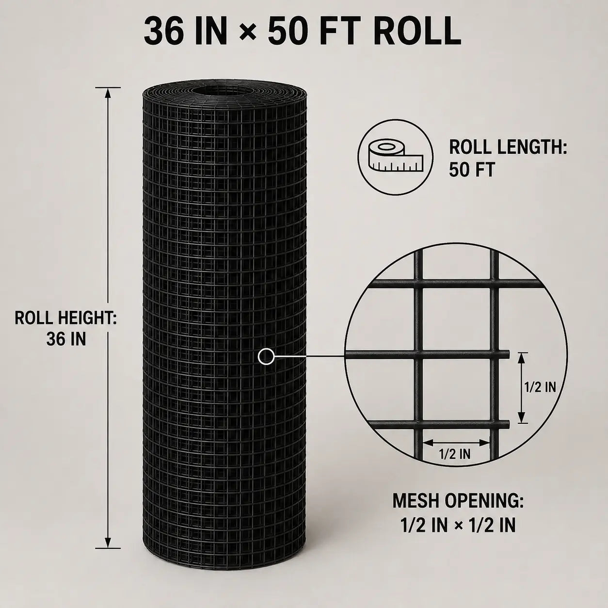 Black Hardware Cloth 1/4 in. x 6 ft. x 100 ft. 19-Gauge, Vinyl Coated Chicken Wire Mesh Roll, Welded Wire Fencing, Garden Fencing, Wire Fence Roll